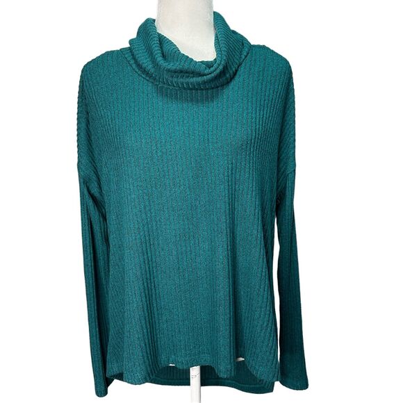 SATURDAY SUNDAY Womens XS / S Oversized Cowl Neck Ribbed Plush Knit Top Teal - Picture 2 of 10